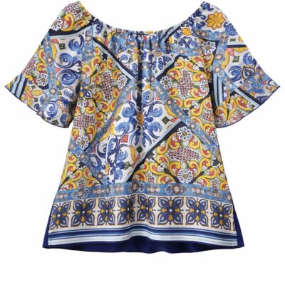 BLUSA POSITANO ELASTICO AL GIRO COLLO MEZZA MANICA CON JABOT STAMPA MONOBORDO DIETRO TINTA UNITA TESSUTO JERSEY ELASTICIZZATO 95%PL5%EA